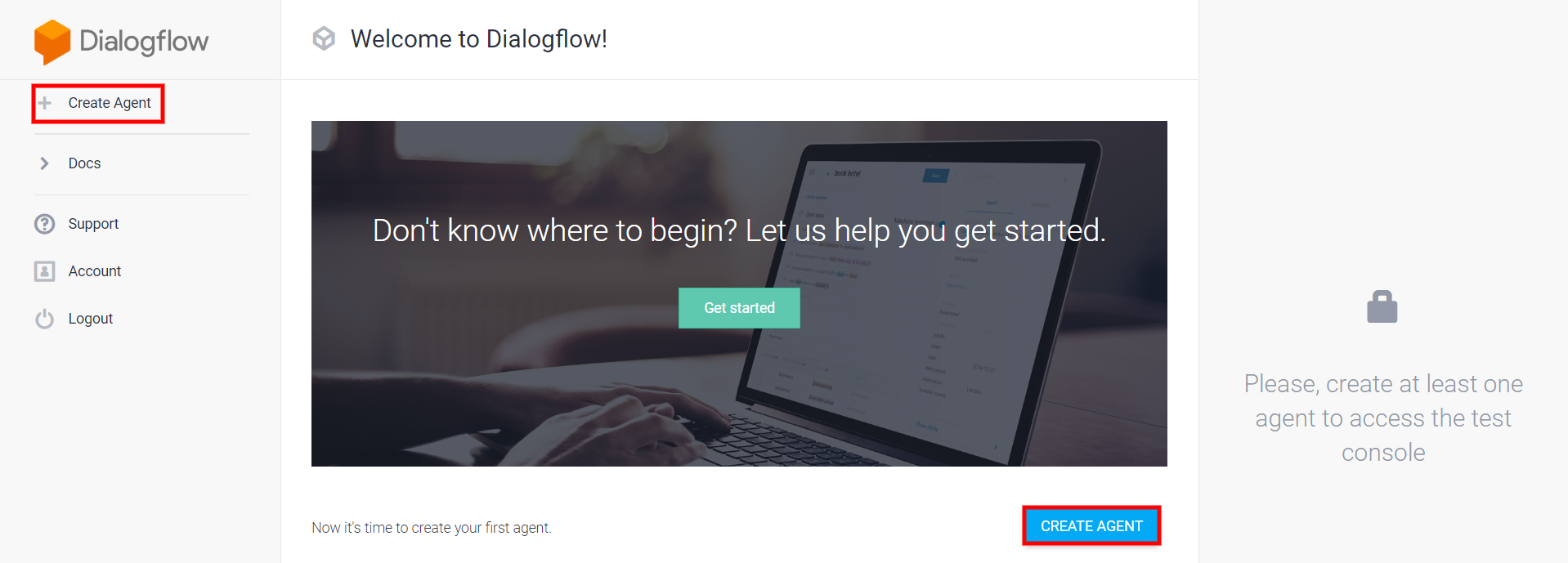 The welcome page for Dialogflow