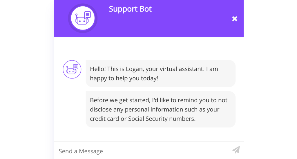 A chatbot with a warning about submitting PII