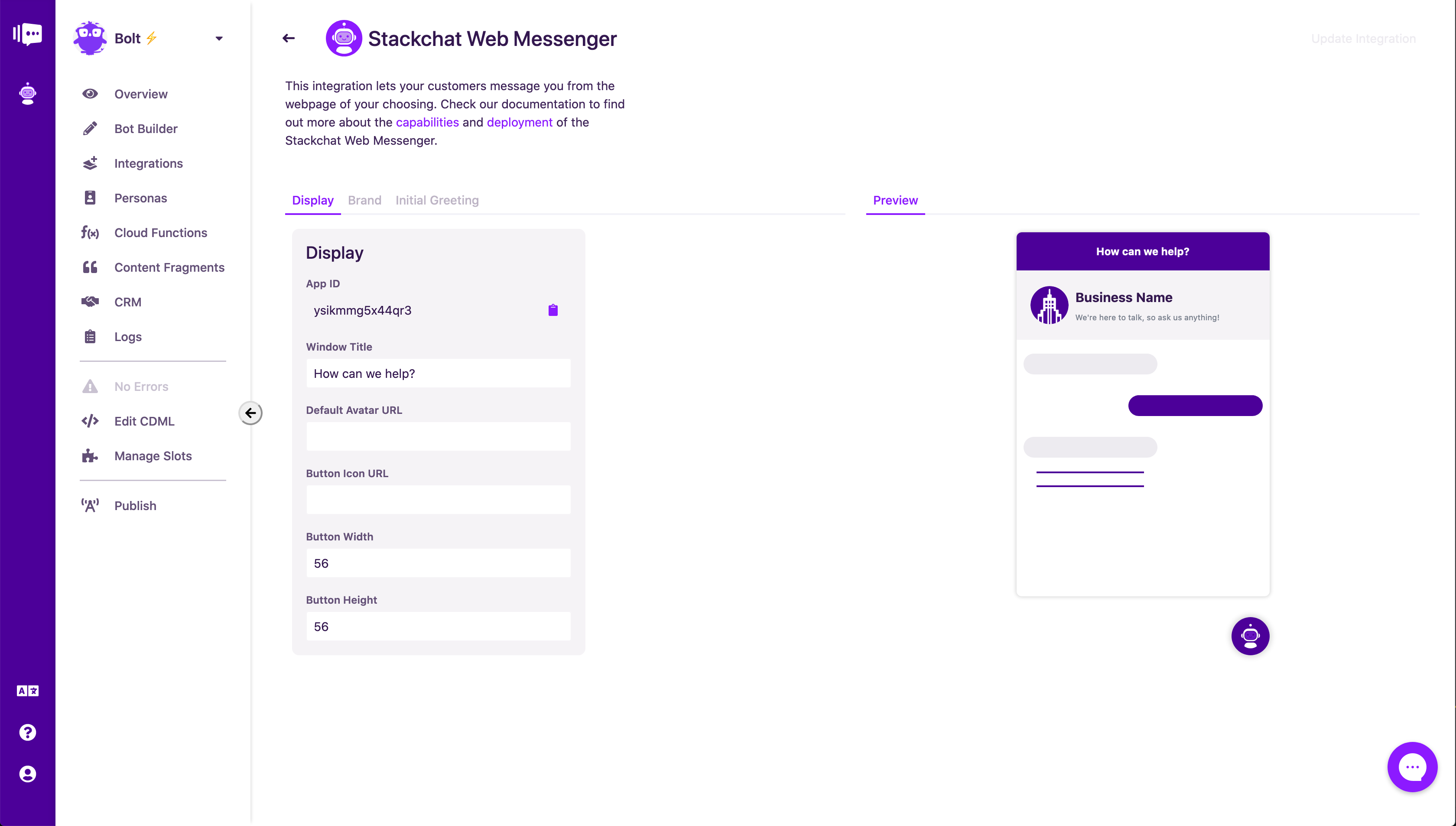 Bolt - Customisation options for Stackchat Web Messenger